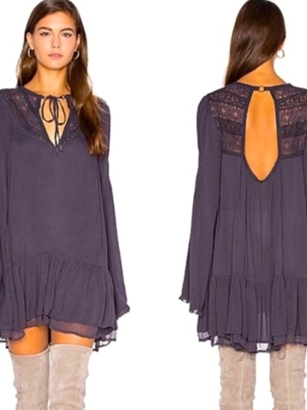 Free People NWT Boho Mini Dress Open Back Lace Long Sleeve Flowy Tunic Size M